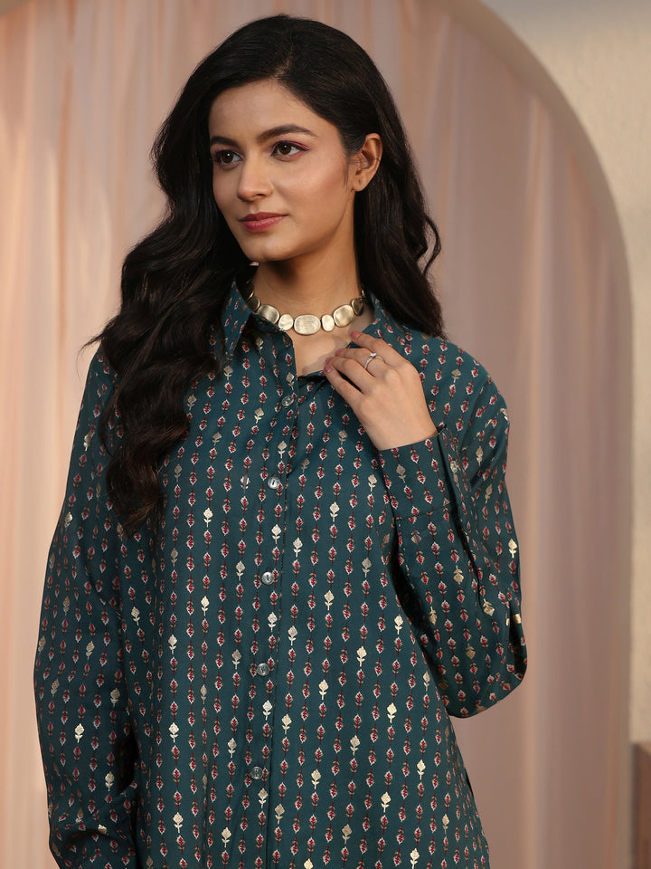 Libas Blue Floral Printed Silk Blend Shirt