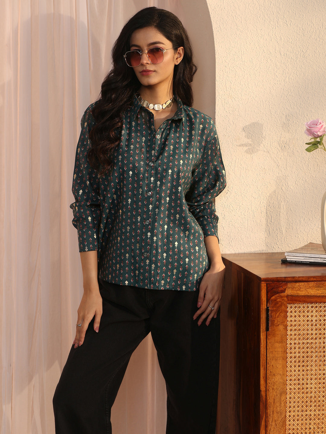 Libas Blue Floral Printed Silk Blend Shirt