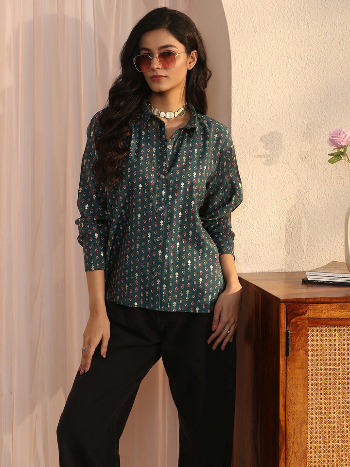 Libas Blue Floral Printed Silk Blend Shirt