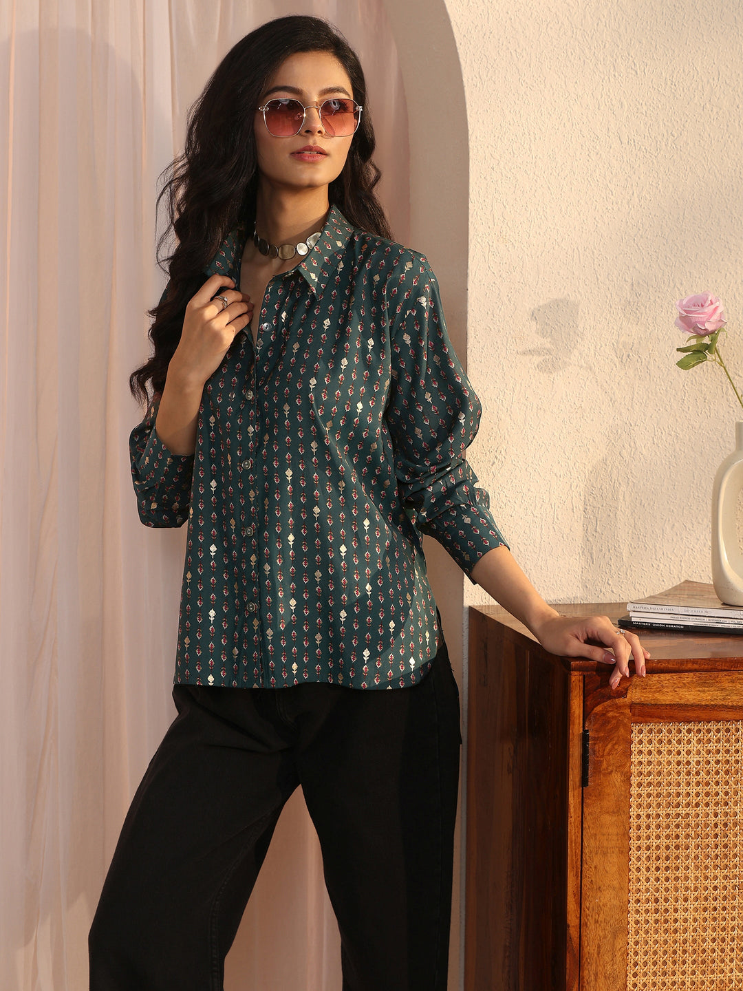 Libas Blue Floral Printed Silk Blend Shirt