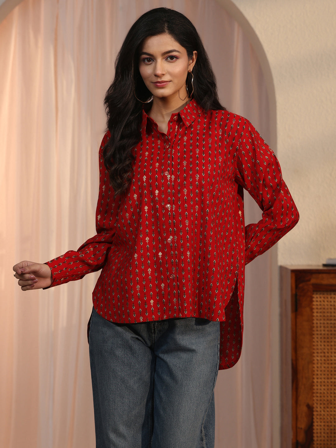 Libas Rust Brown Floral Printed Silk Blend Shirt