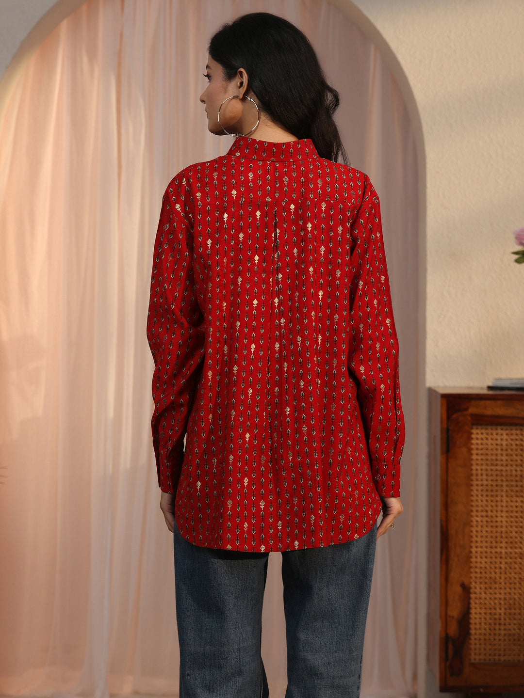 Libas Rust Brown Floral Printed Silk Blend Shirt