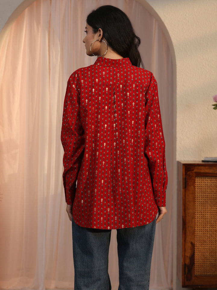 Libas Rust Brown Floral Printed Silk Blend Shirt