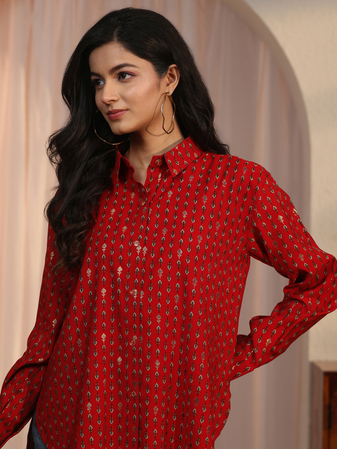 Libas Rust Brown Floral Printed Silk Blend Shirt