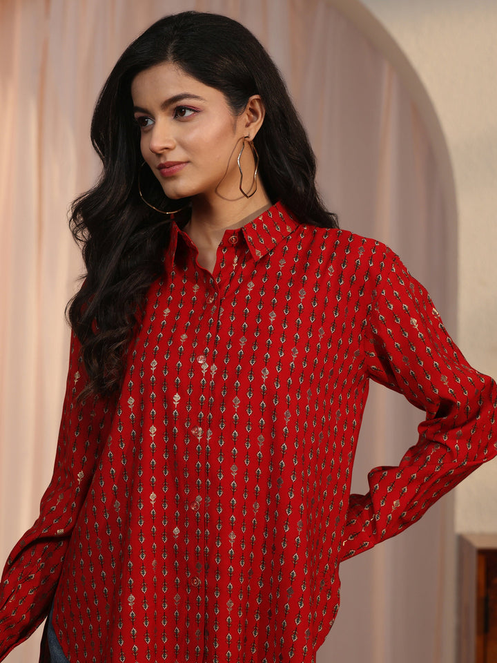 Libas Rust Brown Floral Printed Silk Blend Shirt