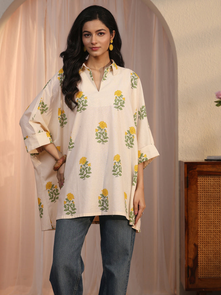 Libas Off White Floral Printed Kaftan Style Cotton Short Kurti