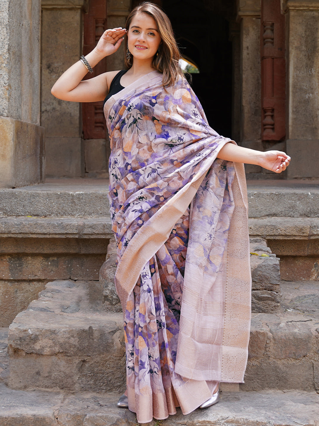 Blue Printed Silk Blend Saree With Unstitched Blouse Piece