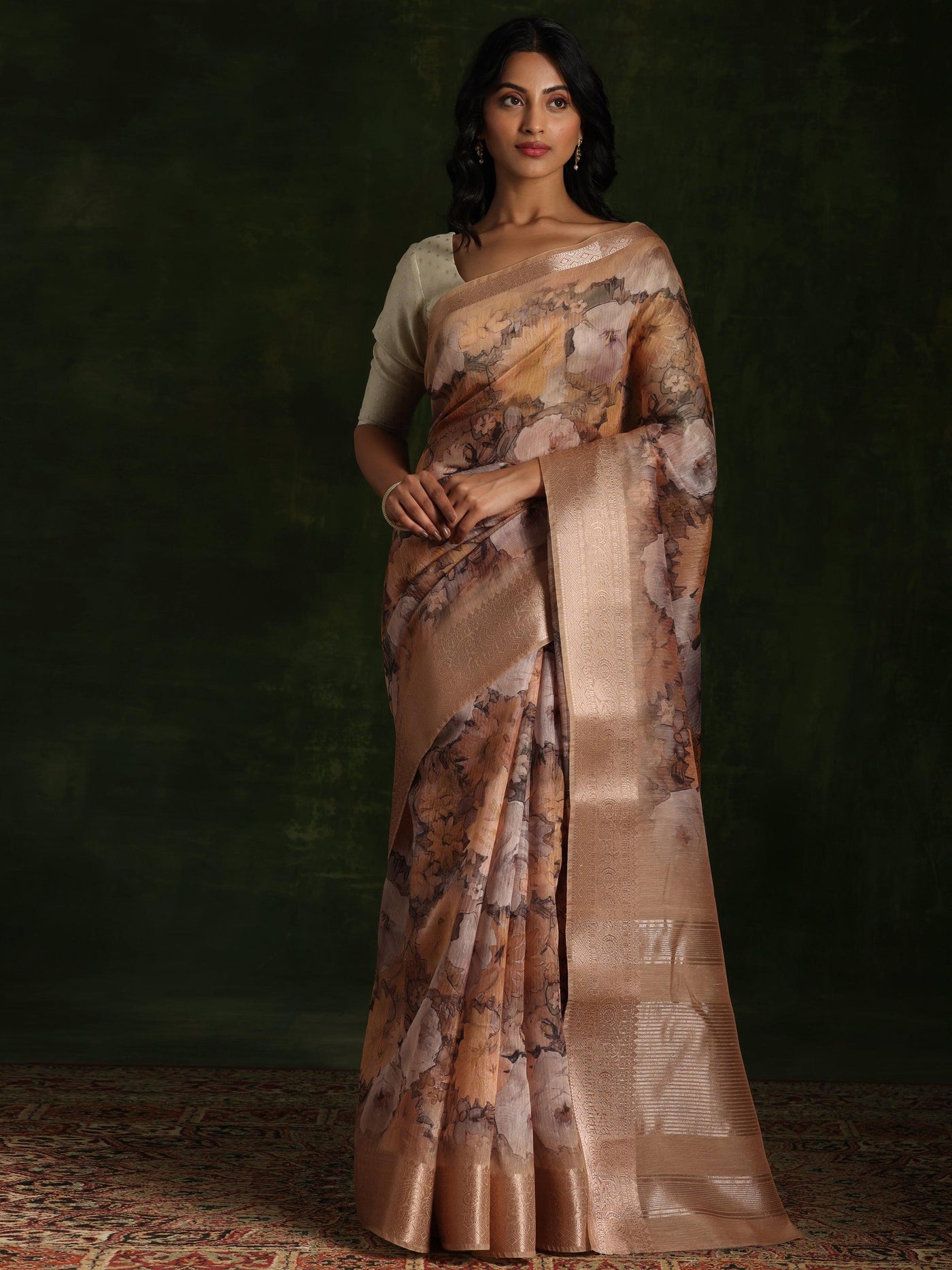 Golden Printed Silk Blend Saree With Unstitched Blouse Piece - ShopLibas