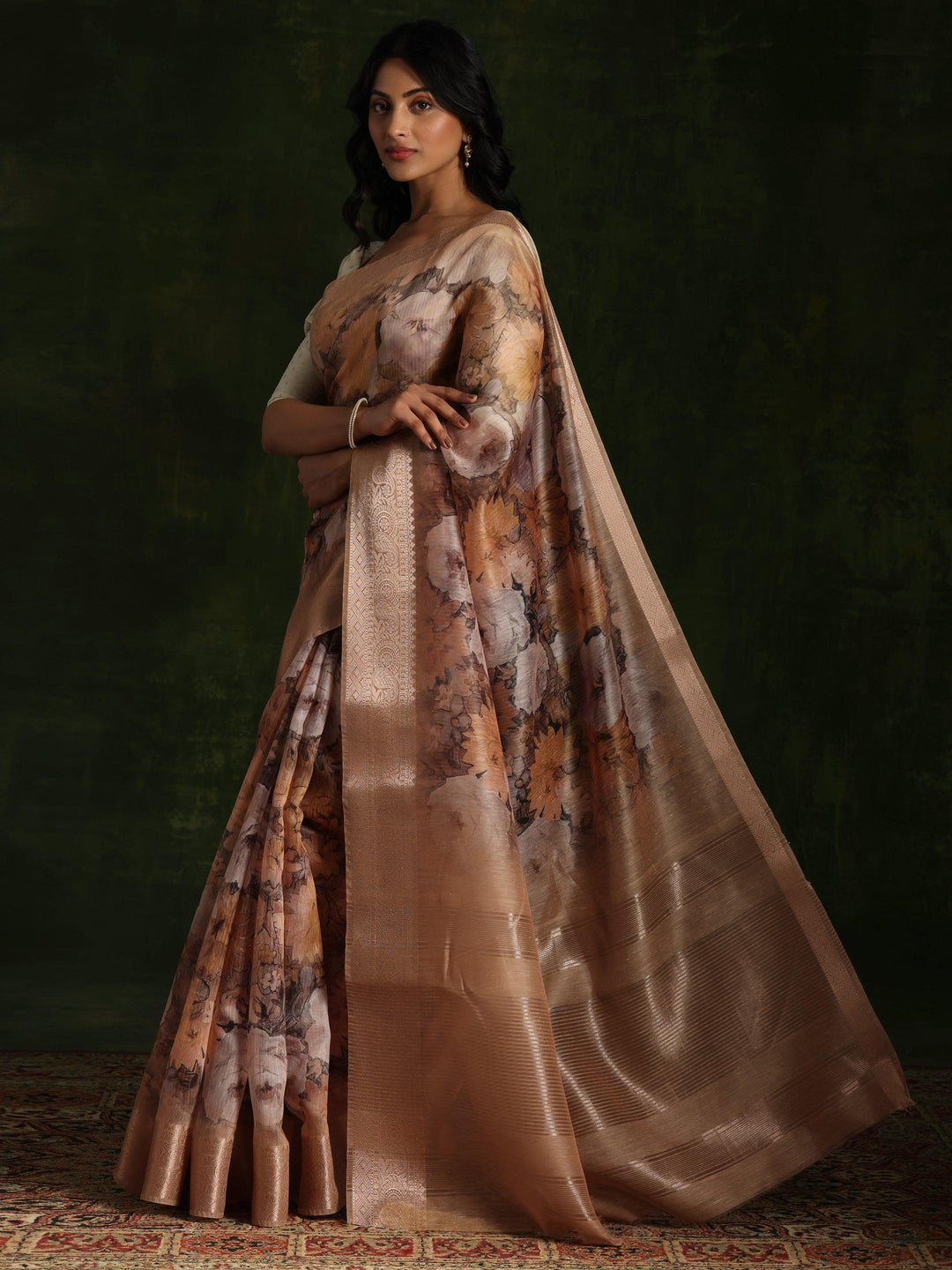 Golden Printed Silk Blend Saree With Unstitched Blouse Piece - ShopLibas