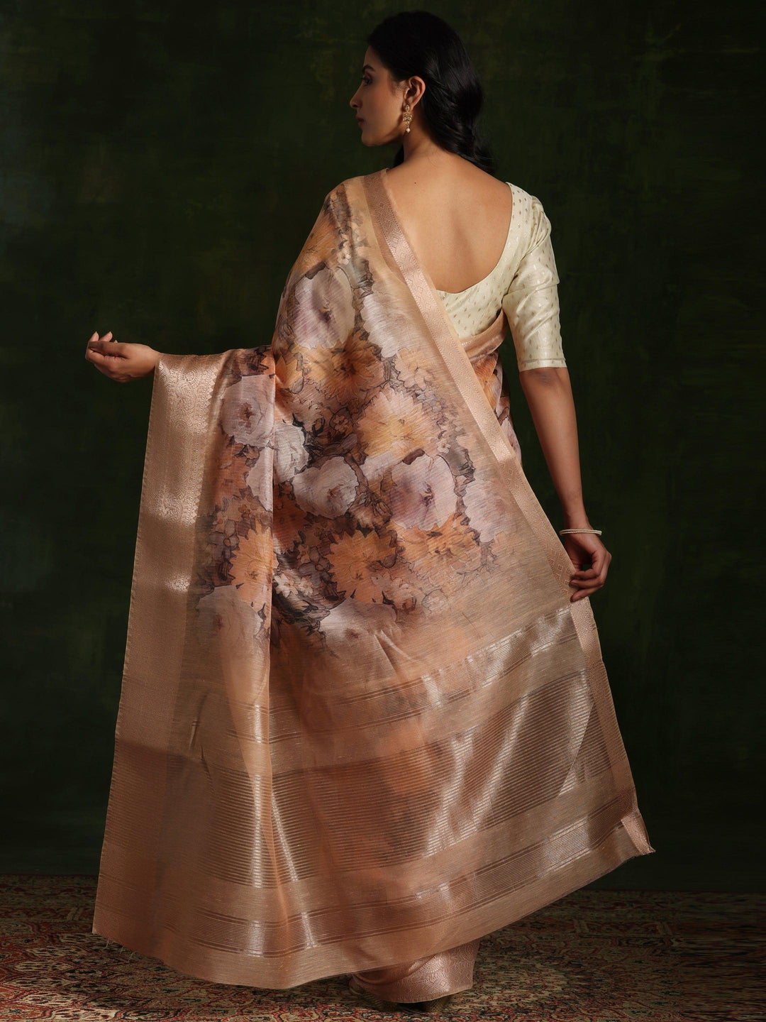 Golden Printed Silk Blend Saree With Unstitched Blouse Piece - ShopLibas