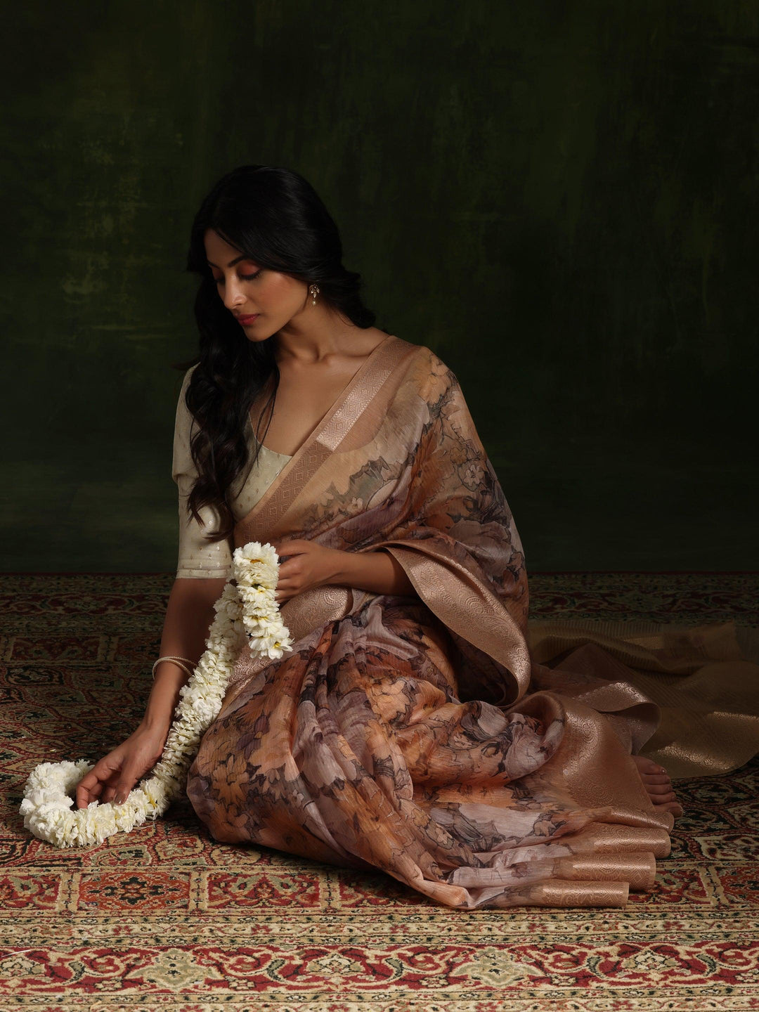 Golden Printed Silk Blend Saree With Unstitched Blouse Piece - ShopLibas