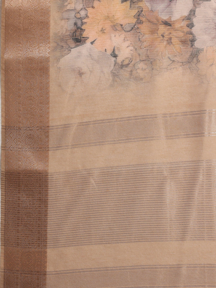 Golden Printed Silk Blend Saree With Unstitched Blouse Piece - ShopLibas