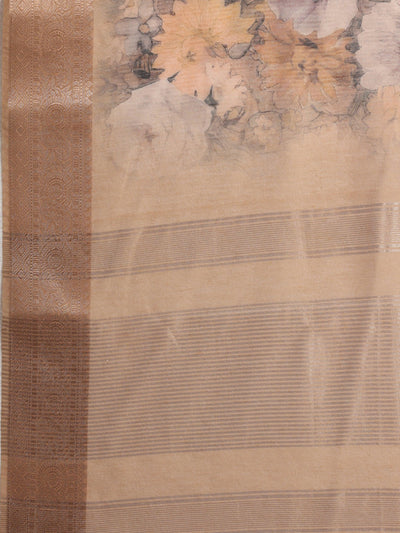 Golden Printed Silk Blend Saree With Unstitched Blouse Piece - ShopLibas
