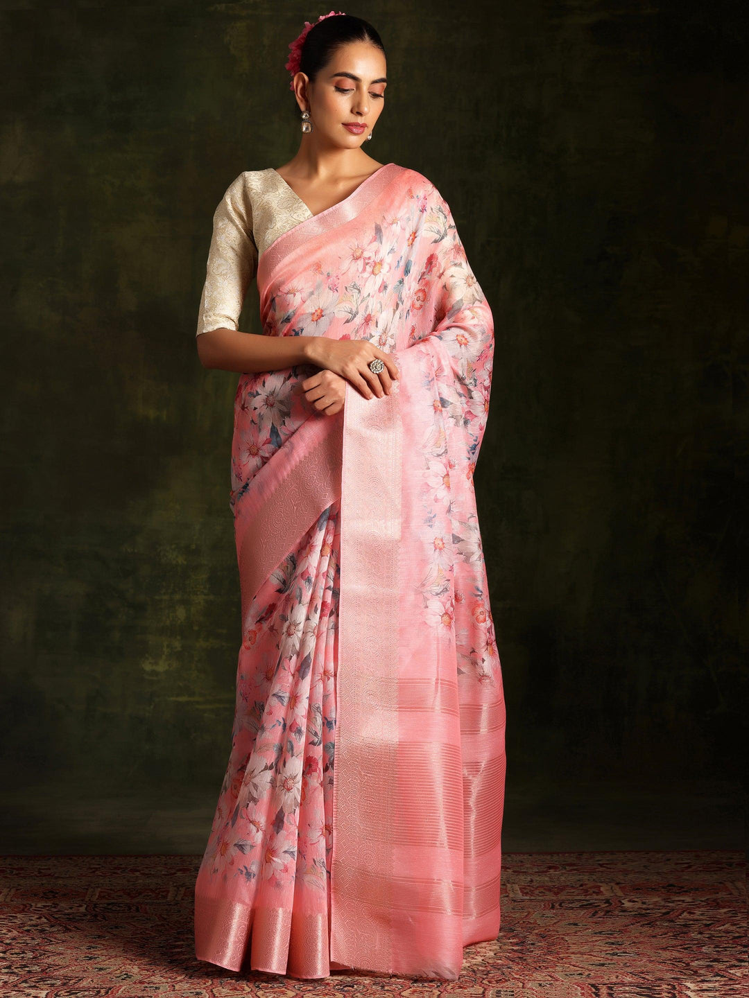 Pink Printed Silk Blend Saree With Unstitched Blouse Piece - ShopLibas