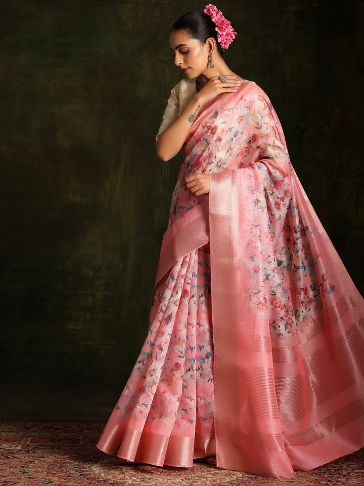 Pink Printed Silk Blend Saree With Unstitched Blouse Piece - ShopLibas