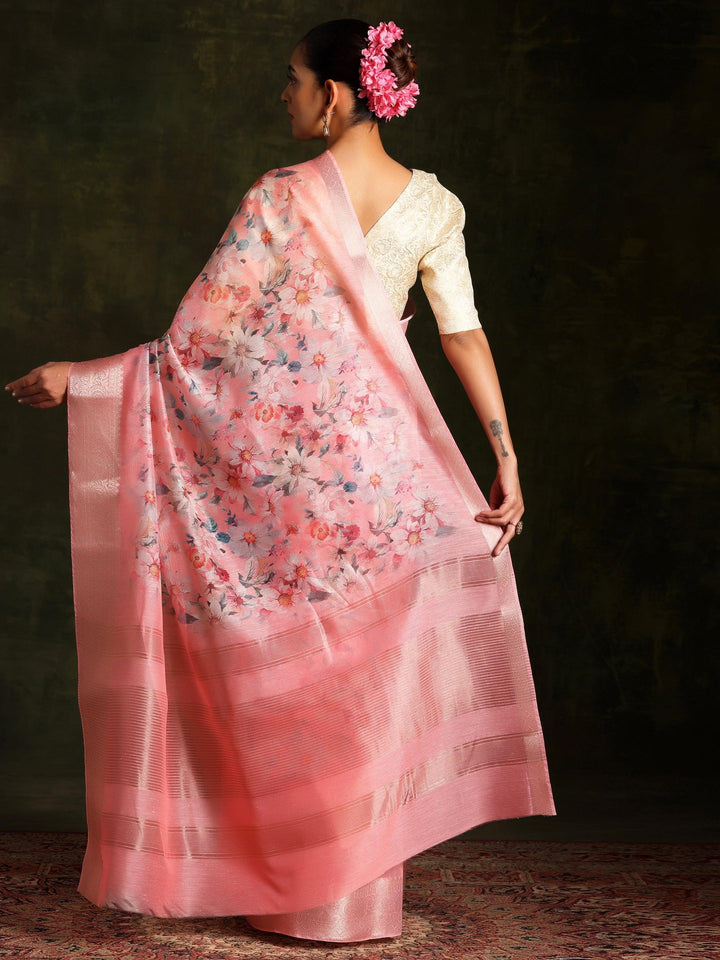 Pink Printed Silk Blend Saree With Unstitched Blouse Piece - ShopLibas
