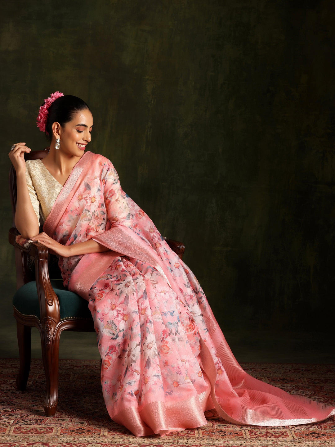 Pink Printed Silk Blend Saree With Unstitched Blouse Piece - ShopLibas