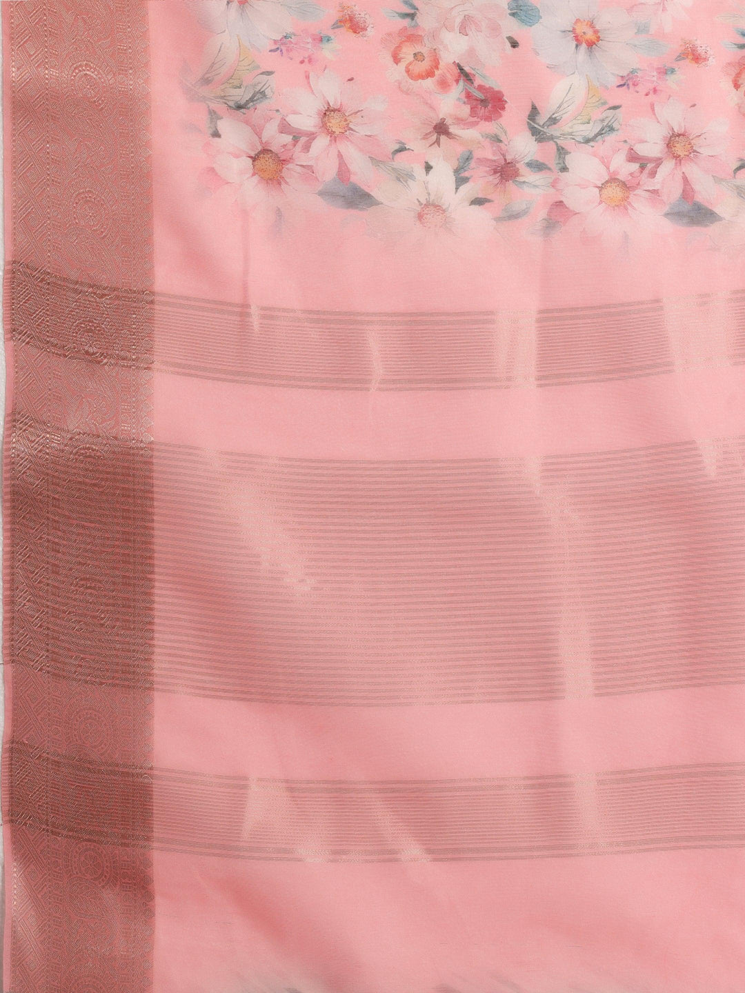 Pink Printed Silk Blend Saree With Unstitched Blouse Piece - ShopLibas