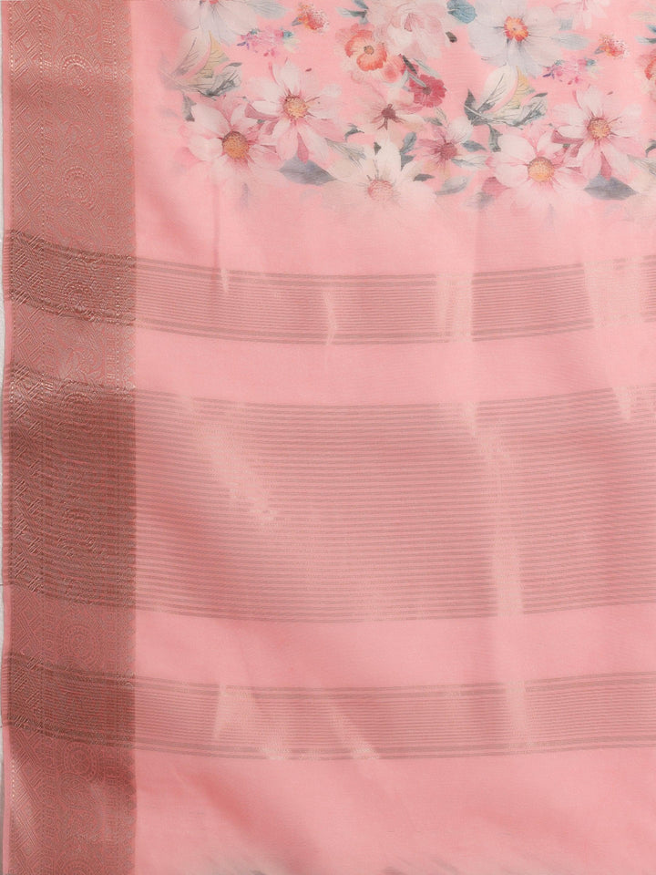 Pink Printed Silk Blend Saree With Unstitched Blouse Piece - ShopLibas