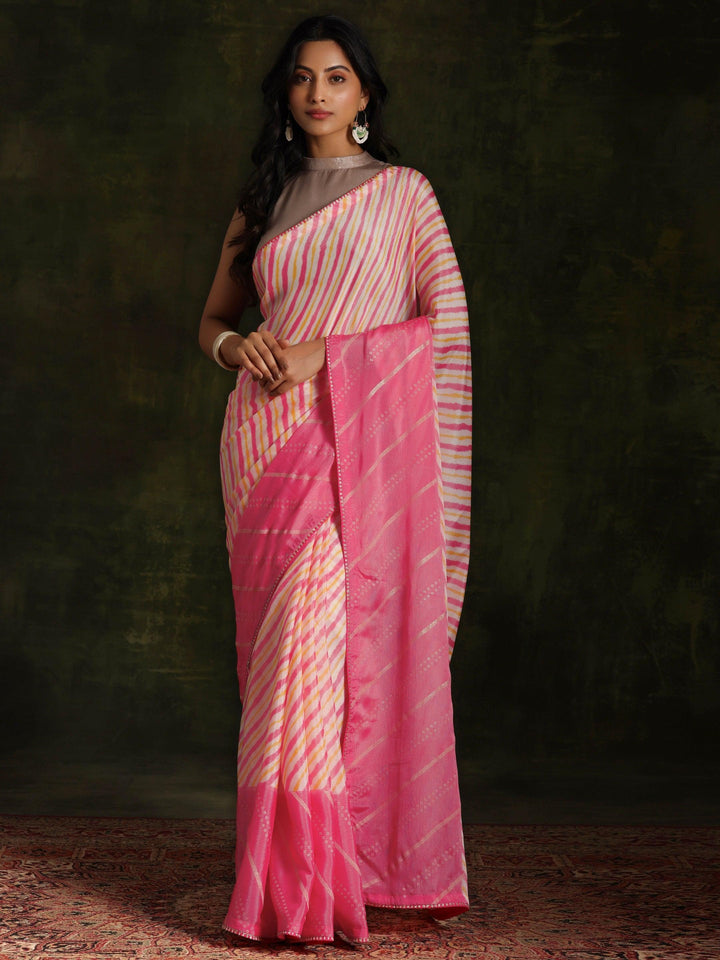 Pink Printed Silk Blend Saree With Unstitched Blouse Piece - ShopLibas