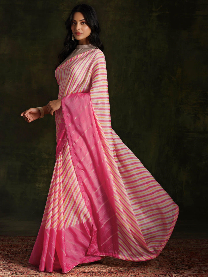 Pink Printed Silk Blend Saree With Unstitched Blouse Piece - ShopLibas