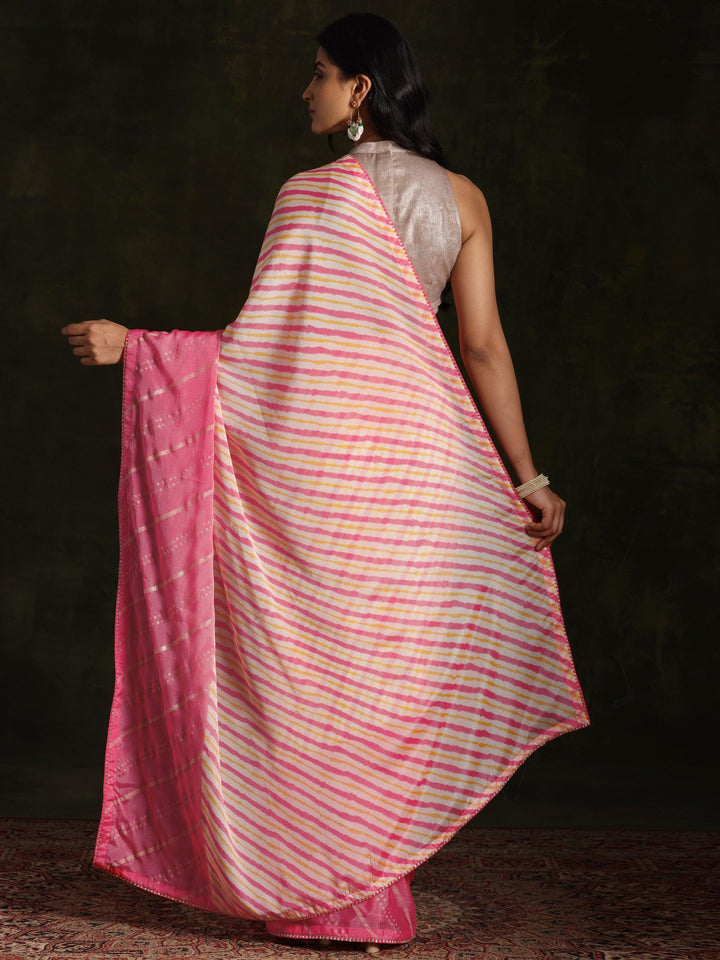 Pink Printed Silk Blend Saree With Unstitched Blouse Piece - ShopLibas
