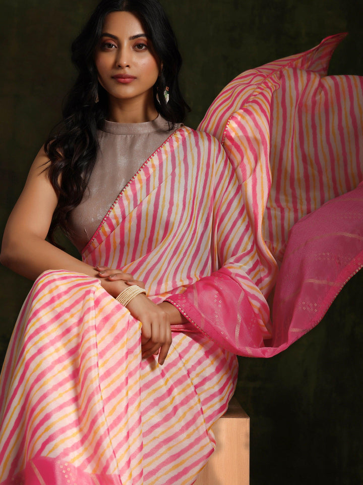 Pink Printed Silk Blend Saree With Unstitched Blouse Piece - ShopLibas
