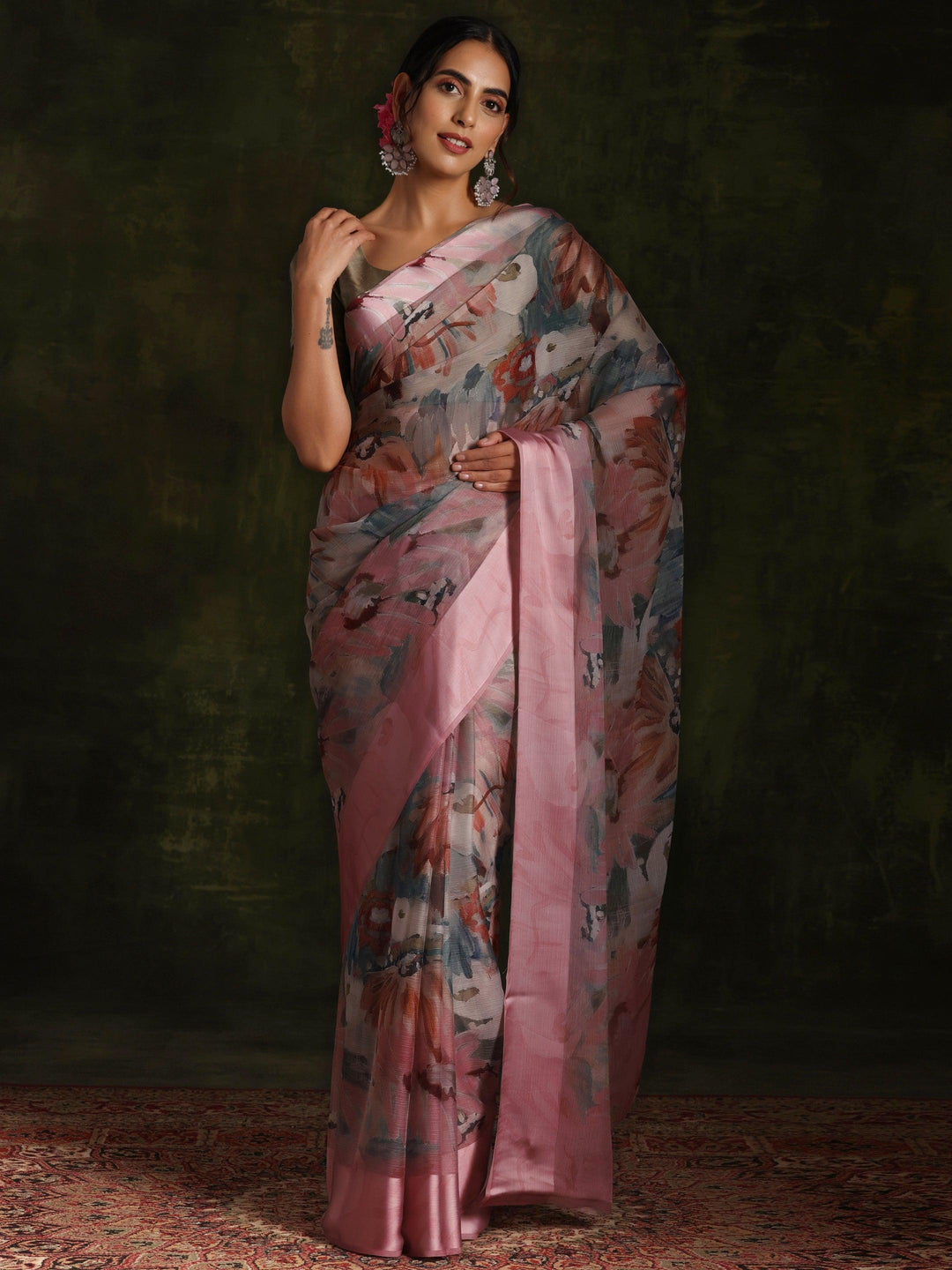 Pink Printed Silk Blend Saree With Unstitched Blouse Piece - ShopLibas