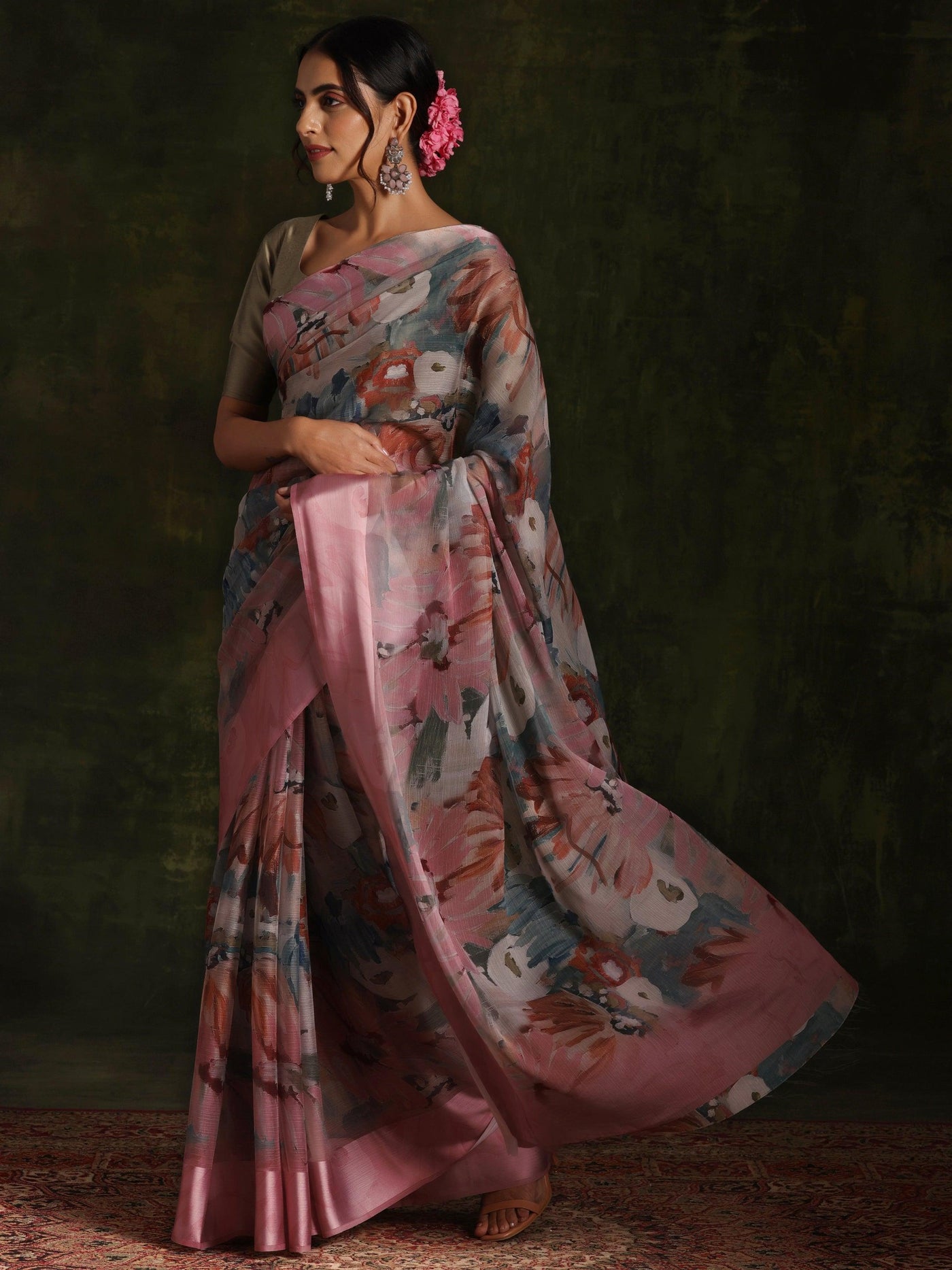 Pink Printed Silk Blend Saree With Unstitched Blouse Piece - ShopLibas