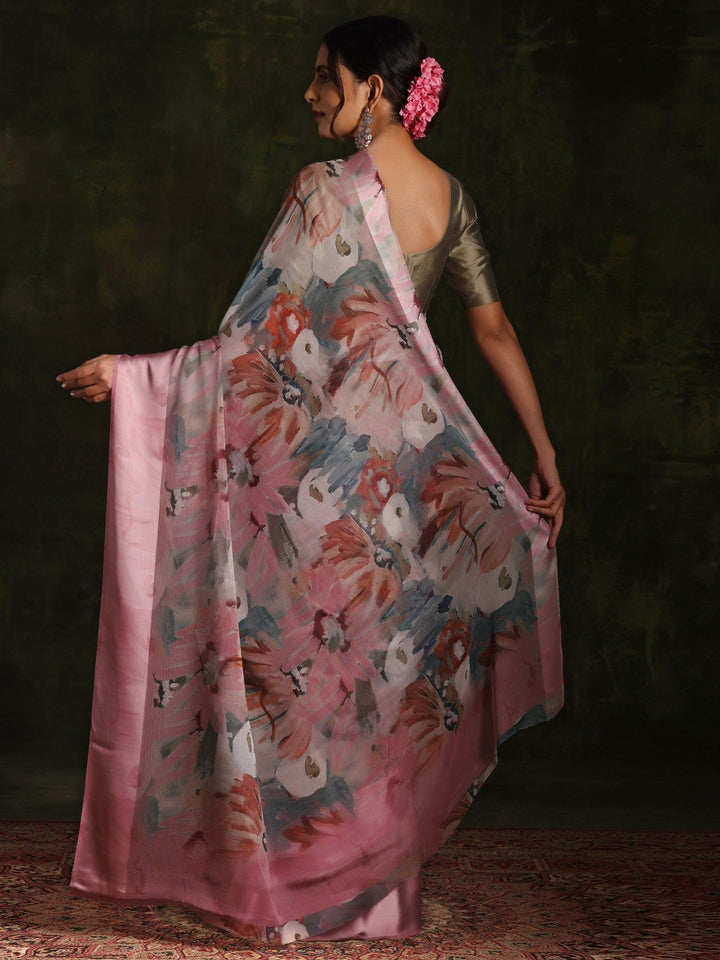 Pink Printed Silk Blend Saree With Unstitched Blouse Piece - ShopLibas