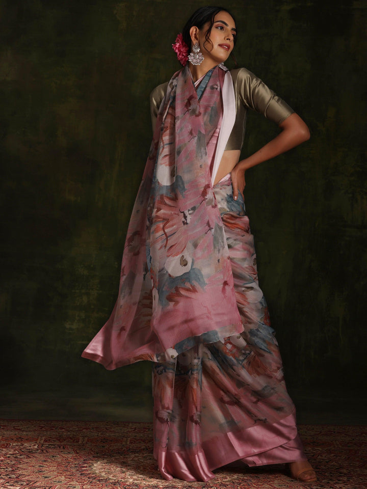 Pink Printed Silk Blend Saree With Unstitched Blouse Piece - ShopLibas