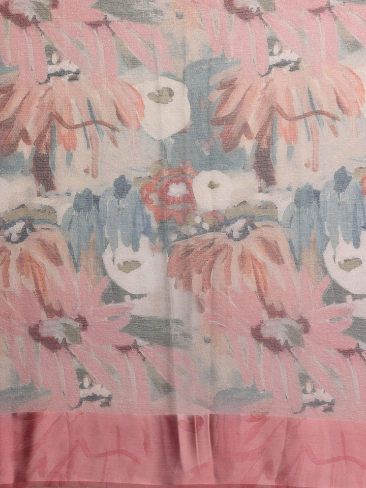 Pink Printed Silk Blend Saree With Unstitched Blouse Piece - ShopLibas