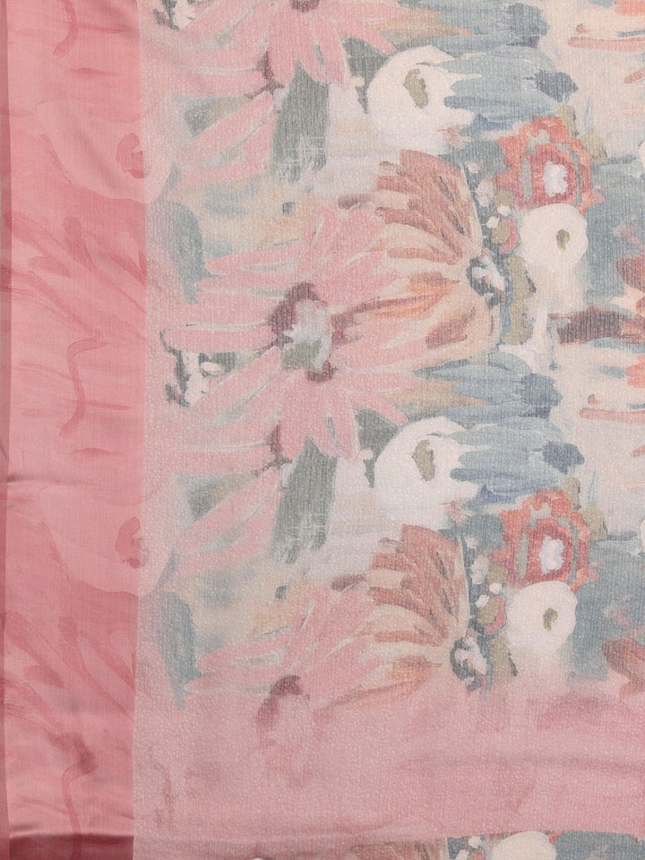 Pink Printed Silk Blend Saree With Unstitched Blouse Piece - ShopLibas