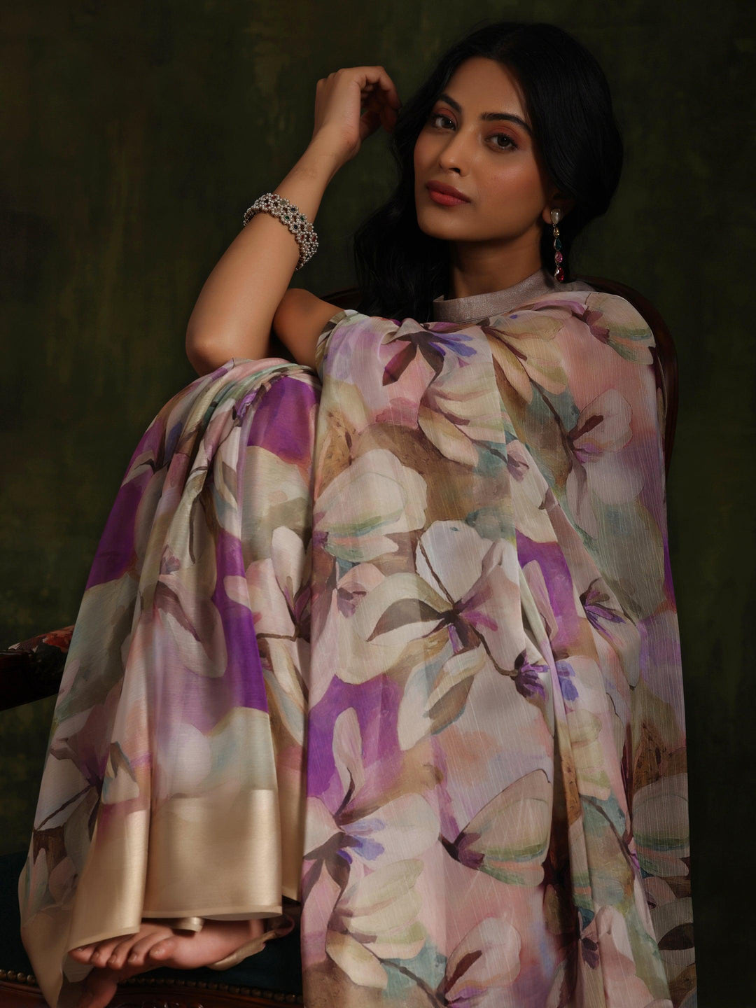 Olive Printed Silk Blend Saree With Unstitched Blouse Piece - ShopLibas