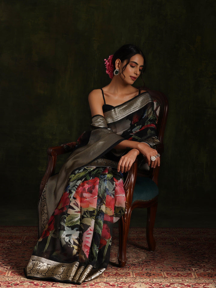 Black Printed Organza Saree With Unstitched Blouse Piece - ShopLibas