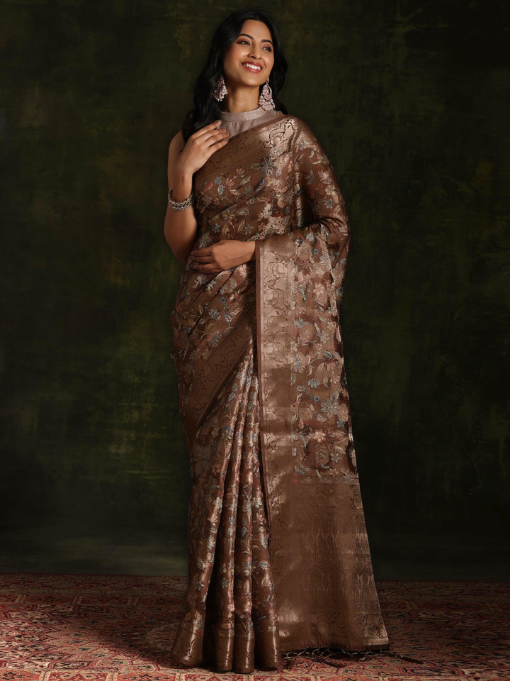 Brown Woven Design Brocade Saree With Unstitched Blouse Piece - ShopLibas