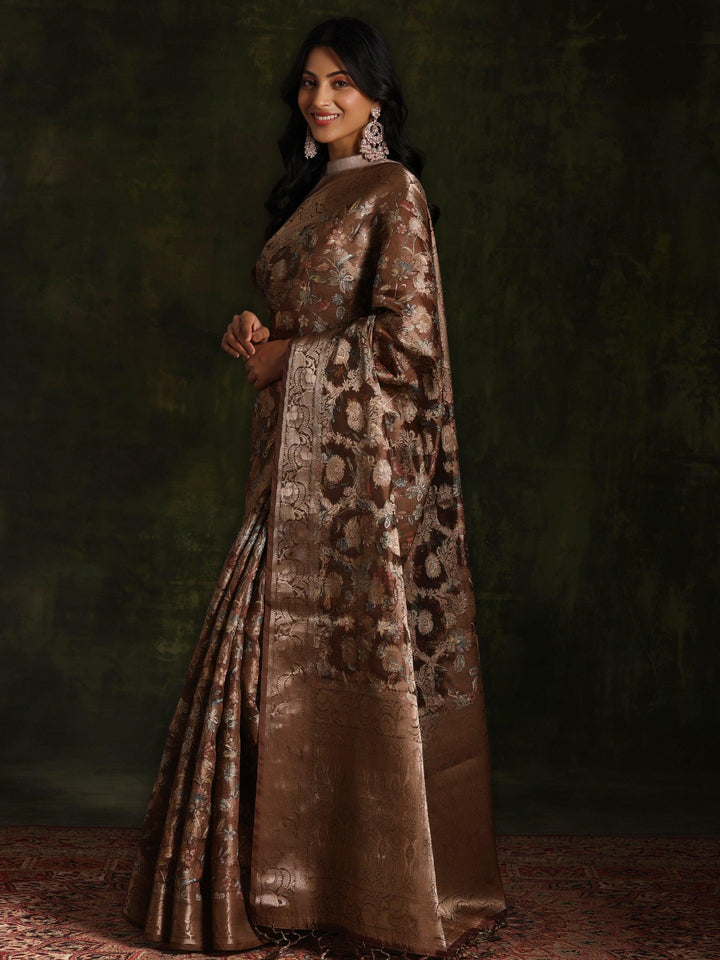 Brown Woven Design Brocade Saree With Unstitched Blouse Piece - ShopLibas