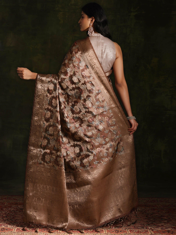 Brown Woven Design Brocade Saree With Unstitched Blouse Piece - ShopLibas