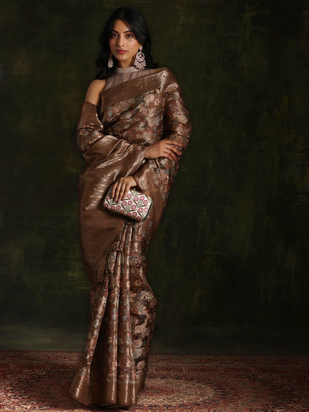 Brown Woven Design Brocade Saree With Unstitched Blouse Piece - ShopLibas