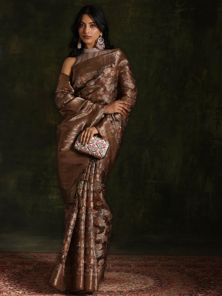 Brown Woven Design Brocade Saree With Unstitched Blouse Piece - ShopLibas
