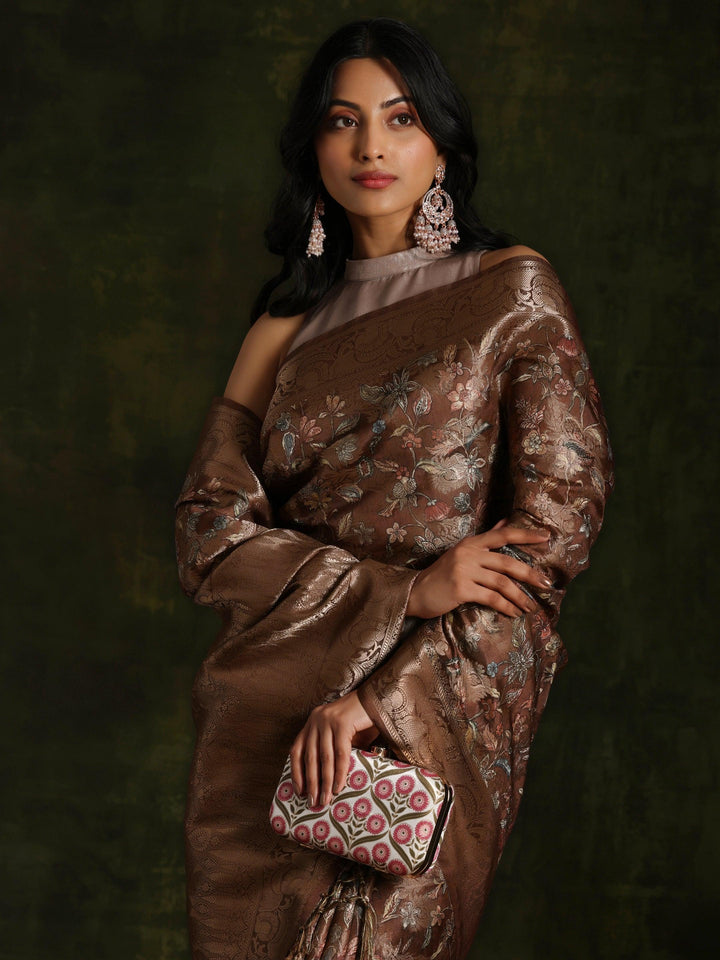 Brown Woven Design Brocade Saree With Unstitched Blouse Piece - ShopLibas