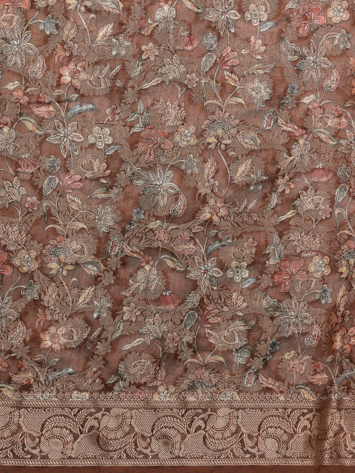 Brown Woven Design Brocade Saree With Unstitched Blouse Piece - ShopLibas