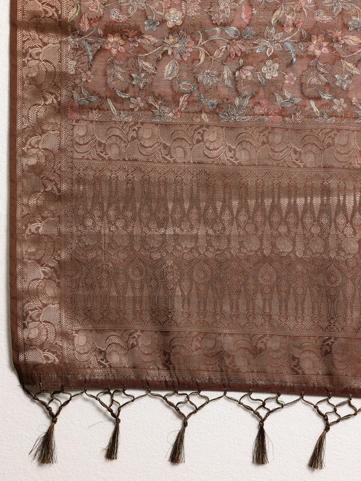 Brown Woven Design Brocade Saree With Unstitched Blouse Piece - ShopLibas