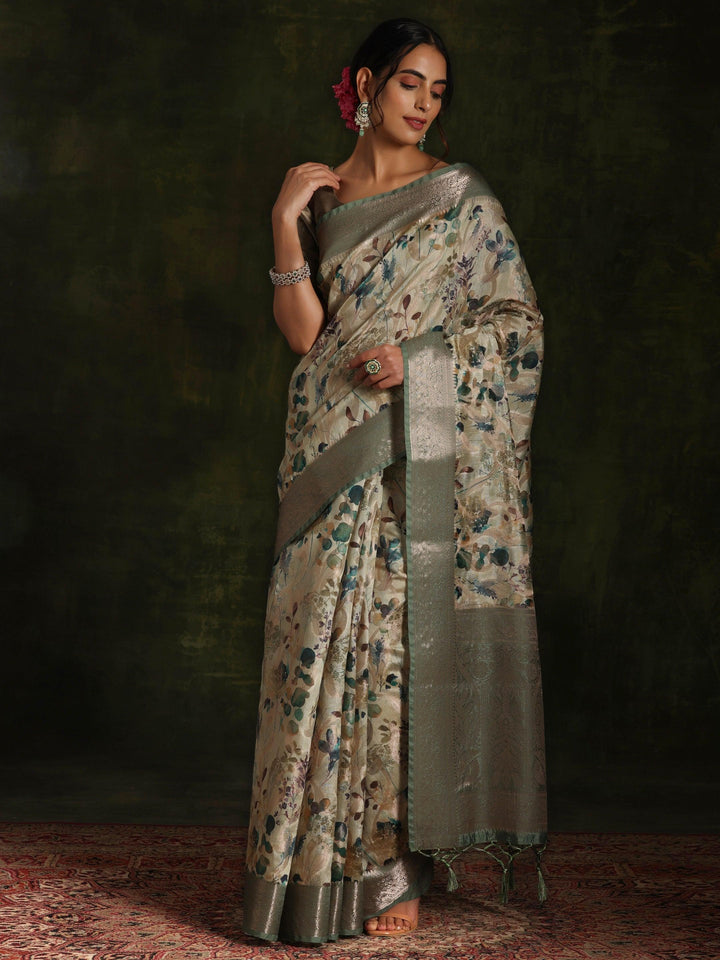 Green Woven Design Brocade Saree With Unstitched Blouse Piece - ShopLibas