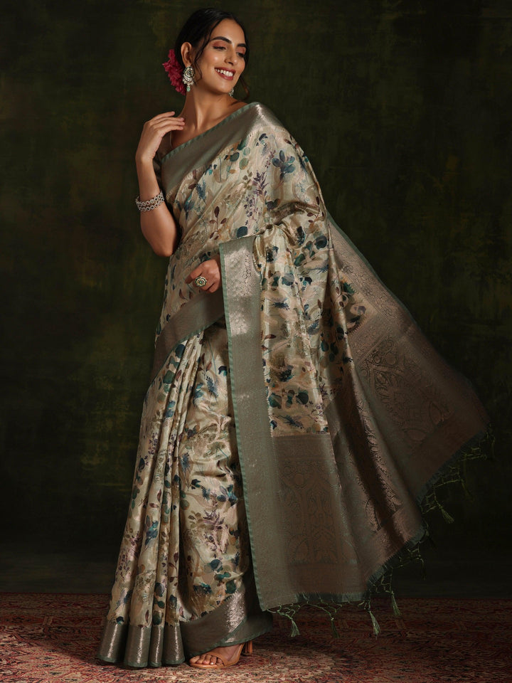 Green Woven Design Brocade Saree With Unstitched Blouse Piece - ShopLibas