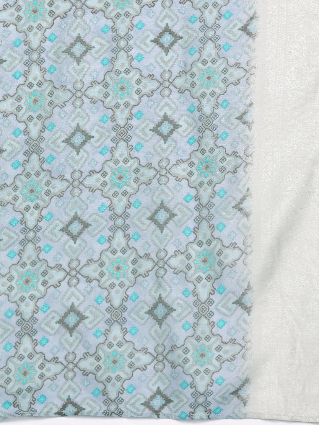 Grey Printed Silk Blend Straight Kurta With Trousers & Dupatta - ShopLibas 