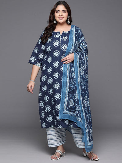 Plus Size Blue Printed Cotton Straight Kurta With Salwar Dupatta - ShopLibas
