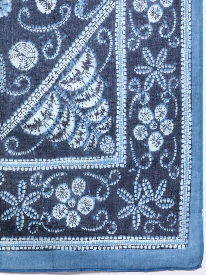 Plus Size Blue Printed Cotton Straight Kurta With Salwar Dupatta