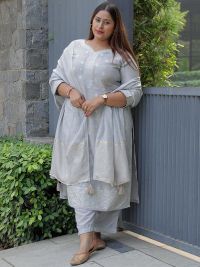 Plus Size Grey Woven Design Silk Blend Straight Kurta With Trousers & Dupatta - ShopLibas