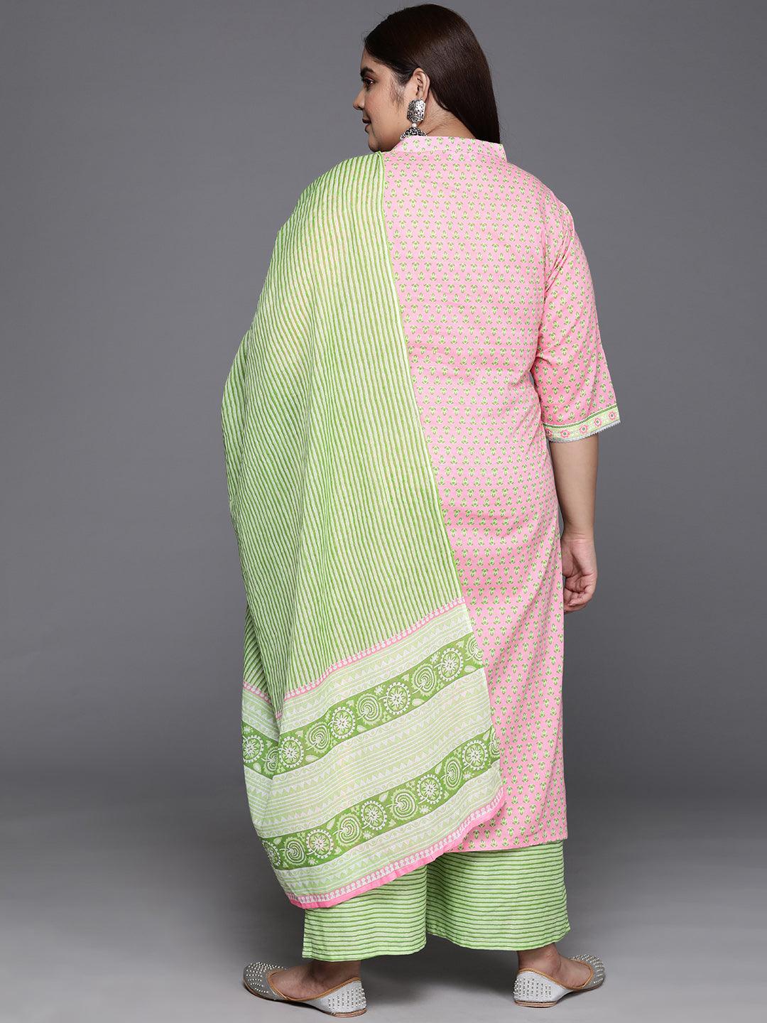 Plus Size Pink Printed Cotton Straight Kurta With Palazzos & Dupatta - ShopLibas 